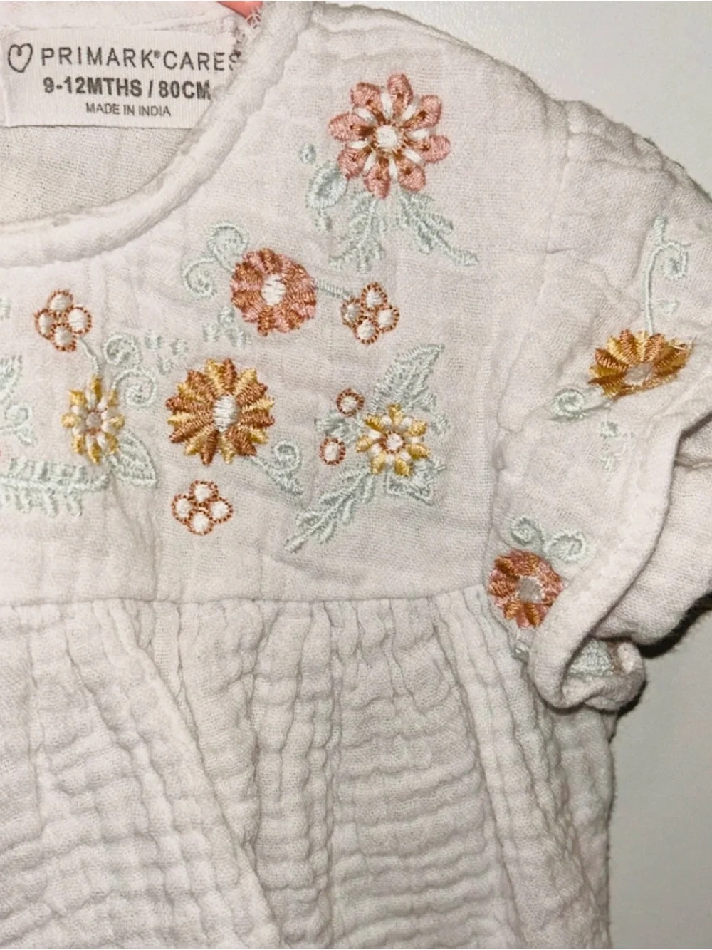 Primark White Top with Pink Embroidered Flowers and Pink Shorts Set